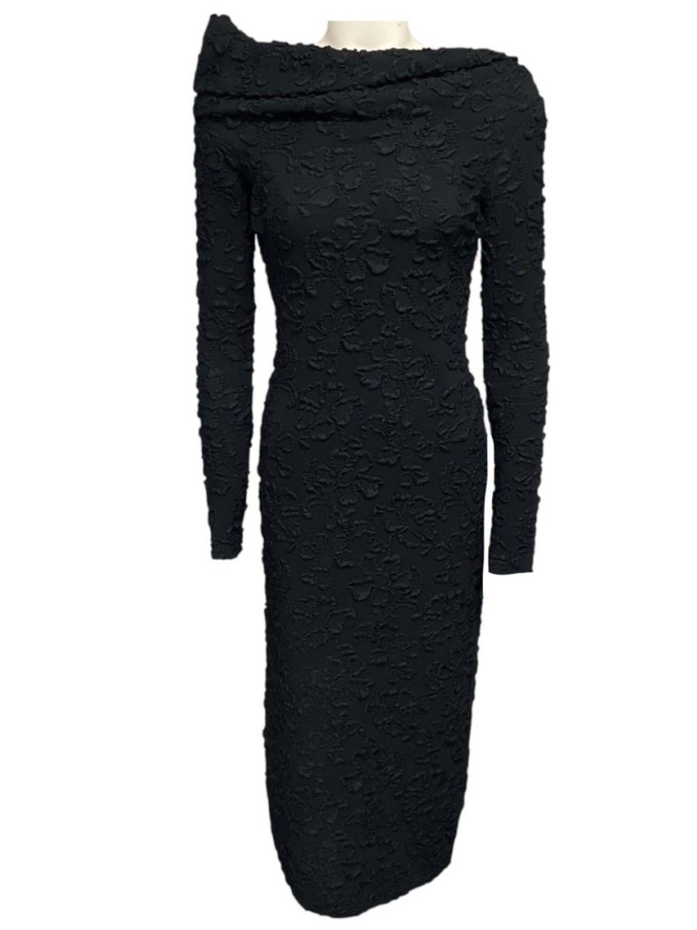 GIVENCHY BLACK FLORAL TEXTURED PUCKERED MIDI COCKTAIL DRESS